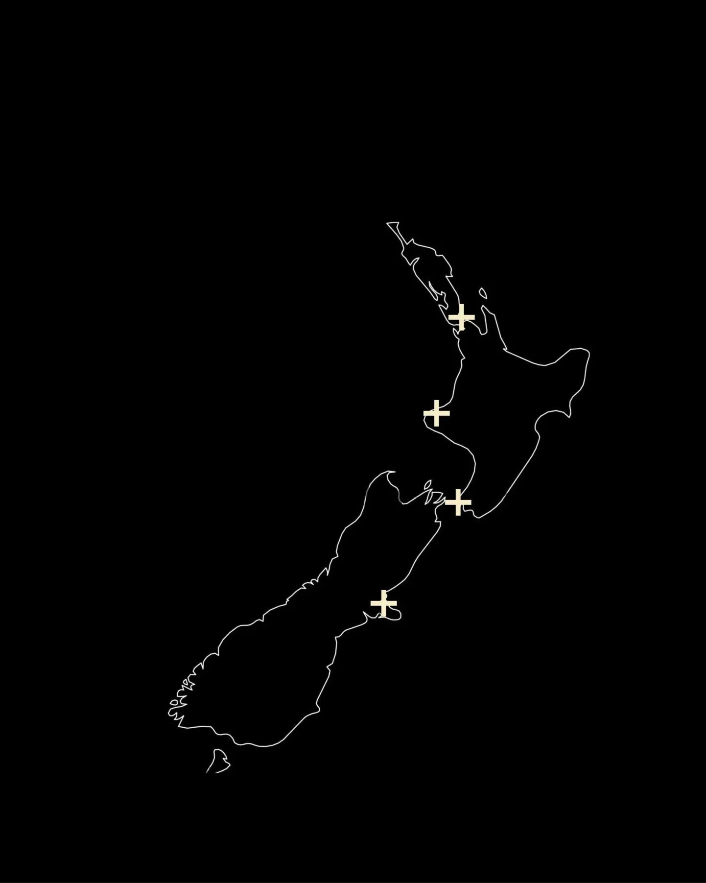 Outline map of New Zealand with four crosses marking specific locations.