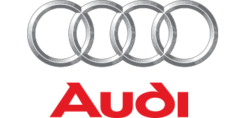 The Audi logo with four interlinked rings and the red Audi logo text below.