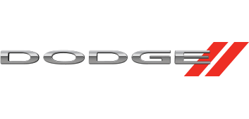 Close-up of Dodge logo with metallic letters and a red shape on the right side.