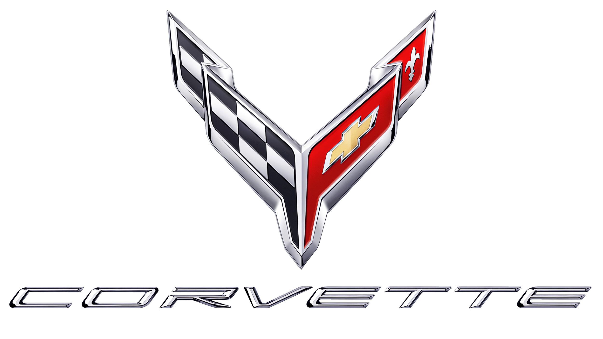 Chevrolet Corvette logo with a checkered flag and a red flag with a yellow bowtie emblem.