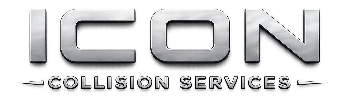 Logo for I-CAR Collision Services featuring metallic 3D text 'ICON' with the words 'Collision Services' underneath.