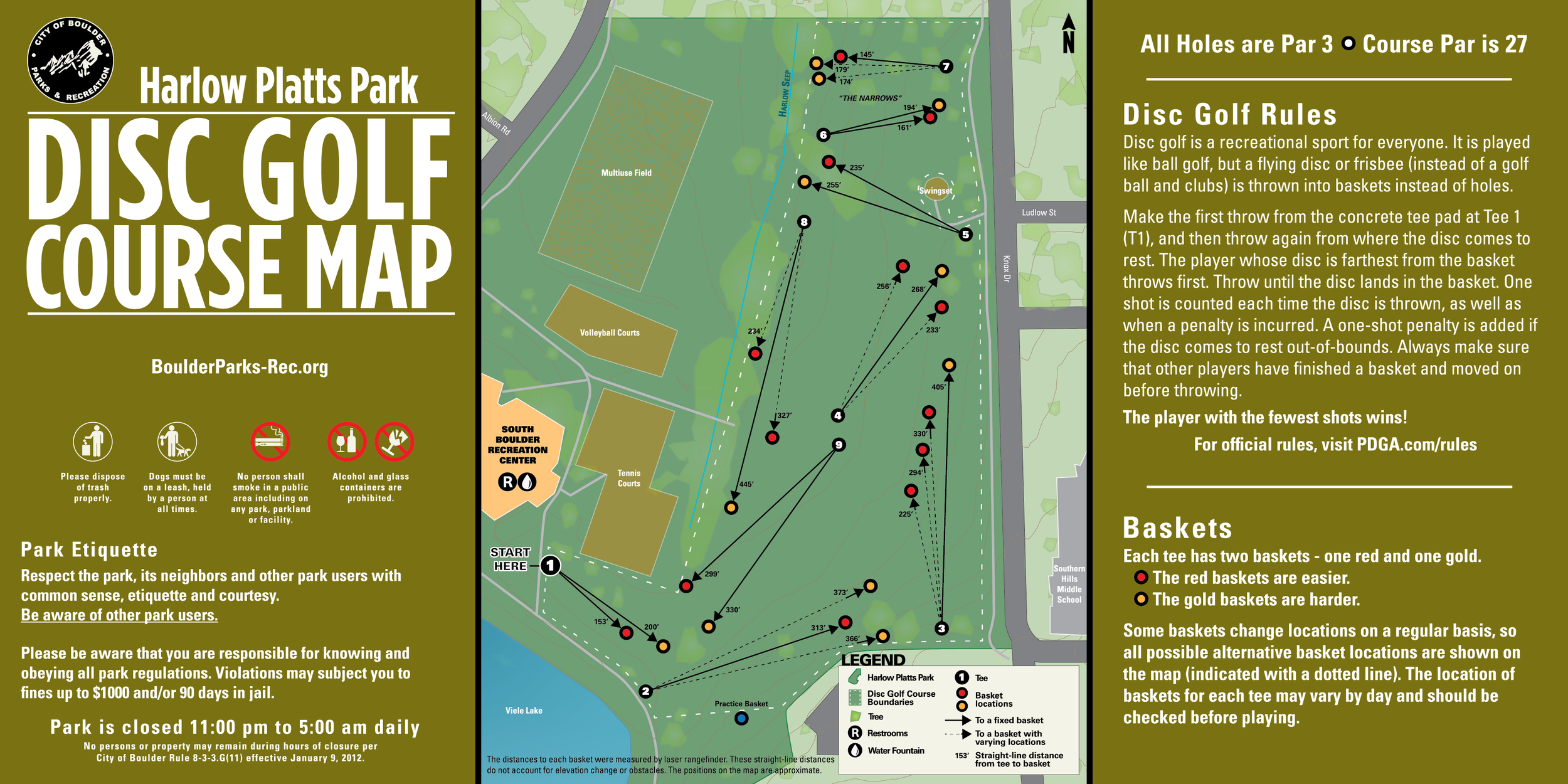 Harlow Platts Park Disc Golf Course Map - (created while working as staff for Boulder Parks and Recreation)