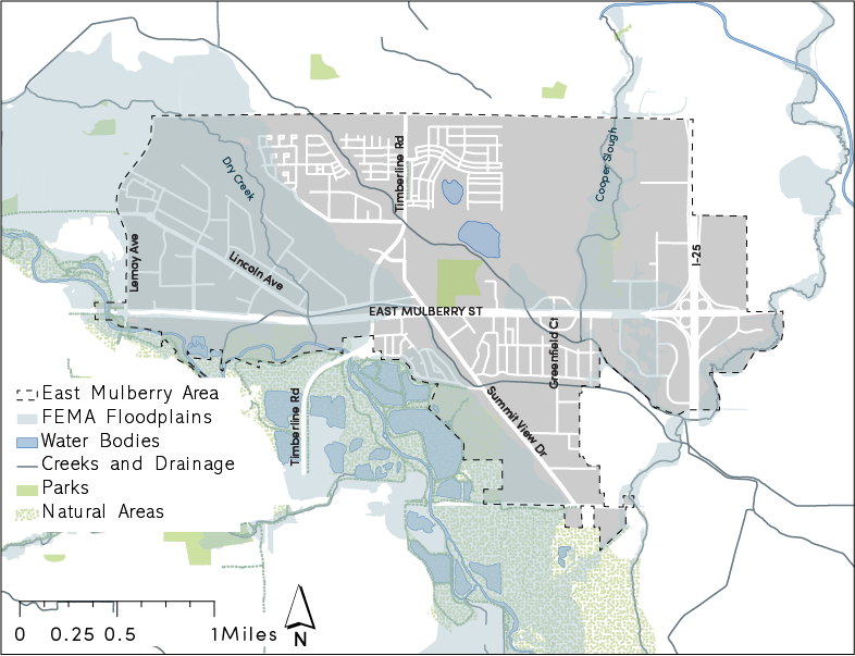 Flooding and Natural Resources Map for the East Mulberry Plan (created for graduate school capstone project).