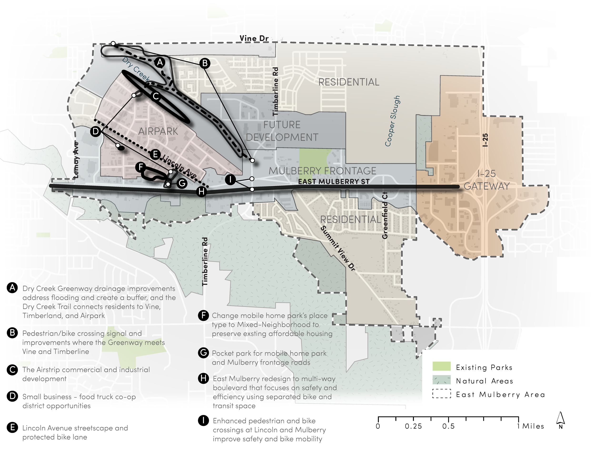 Capstone Recommendations Map for the East Mulberry Plan (created for graduate school capstone project).
