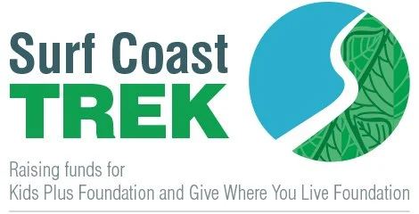 surf coast trek logo showing ocean meeting land, stating 'raising funds for kids plus foundation and give where you live foundation'