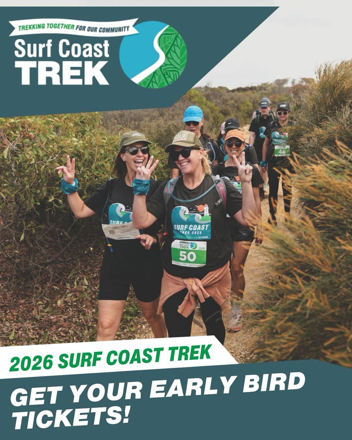 🚨 Early Bird tickets for the 2026 Surf Coast Trek are officially OPEN!

Save $10 on your ticket with Early Bird pricing! Register before 30 Nov 2025 and go in the draw to win a 3-month CorePlus mat membership (Geelong, Torquay or Ocean Grove), value