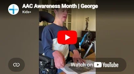 Young person in a wheelchair using a tablet, promoting AAC Awareness Month for kids.