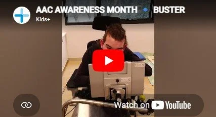 A boy sitting at a desk, looking at a computer monitor, with campaign text about AAC awareness month and kids, and a YouTube logo at the bottom.