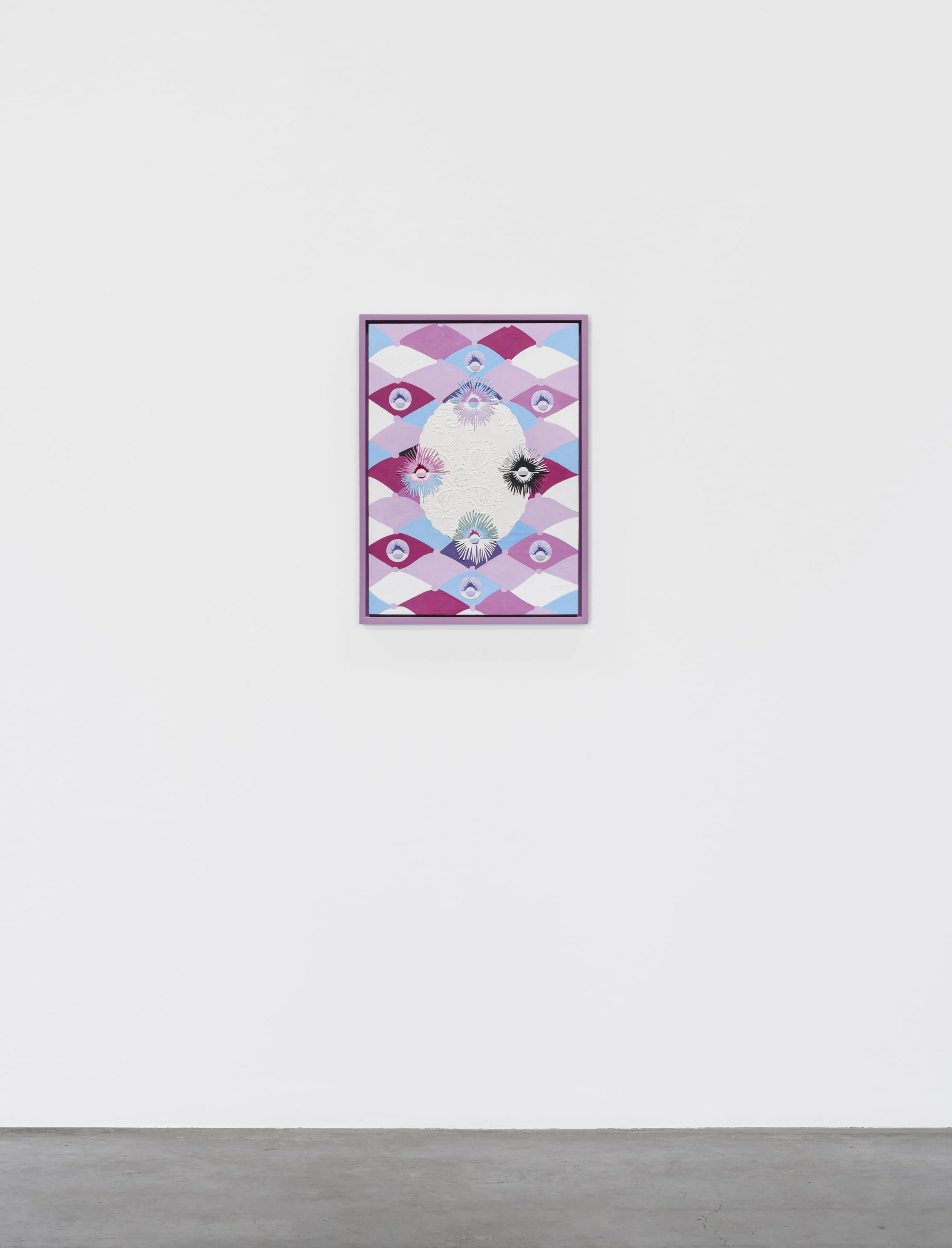 Painting hanging on the wall with pink blue and white romboids