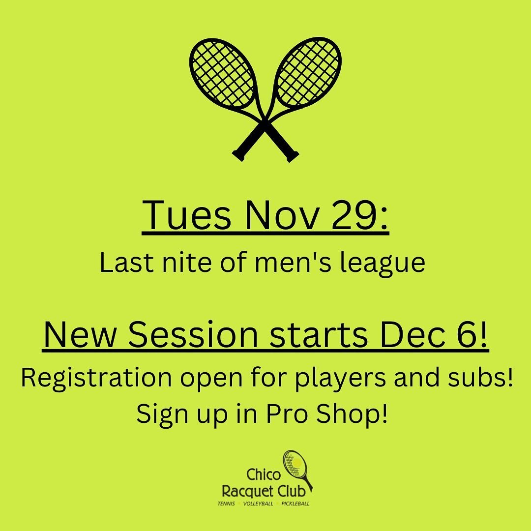 Current session ends this week, new session starts Dec 6!
Sign up to play or be a sub in the Pro Shop!

#tennis #tennismom #juniortennis #highschooltennis #varsitytennis #tennislessons #chicoracquetclub #crcfutures #crcrisingstars #crctravelteam

#ch