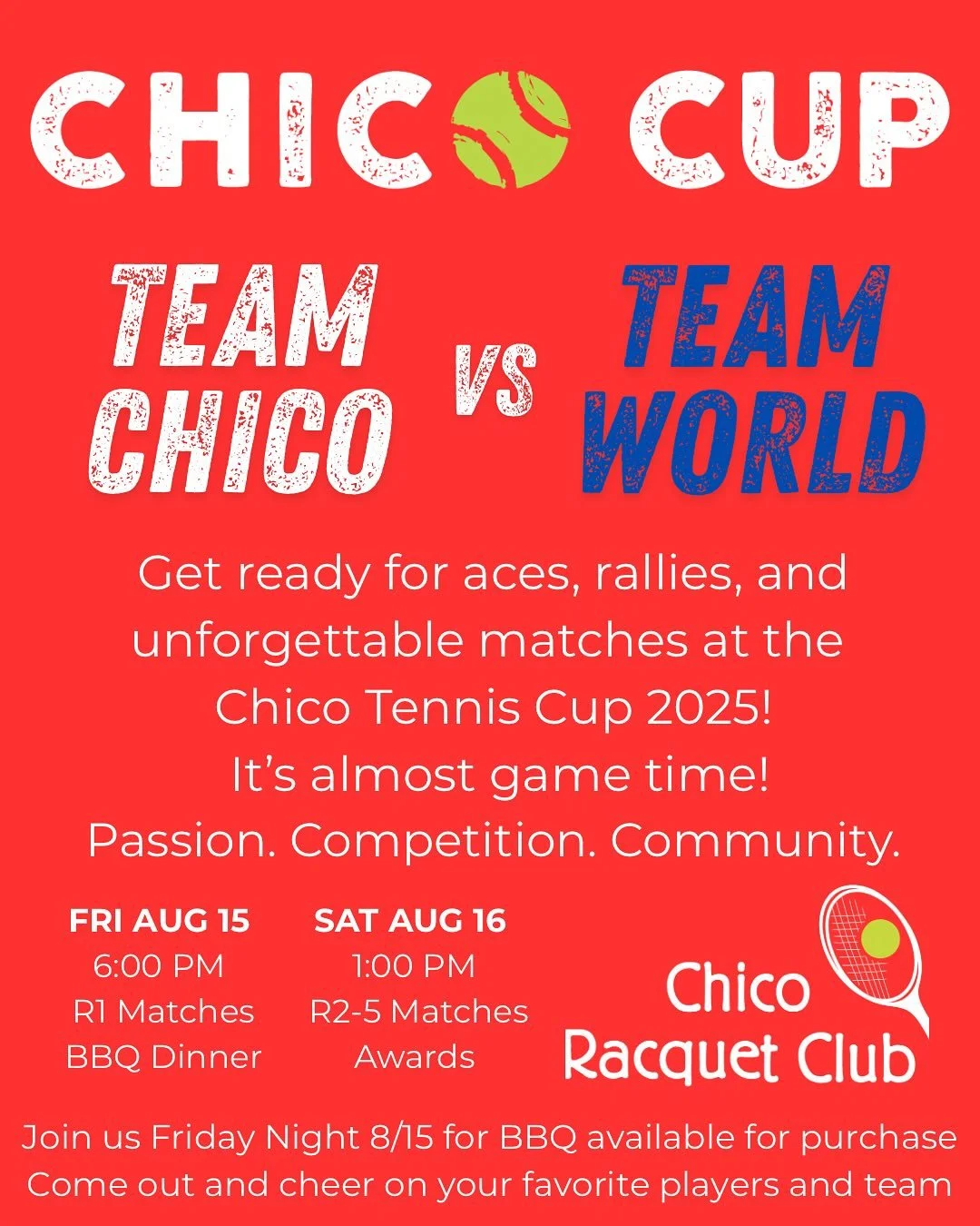 It&rsquo;s about that time&hellip; Chico Cup this weekend 8/15 and 8/16 from 6-8pm. Come support your teams and get ready for some action!🎾👟