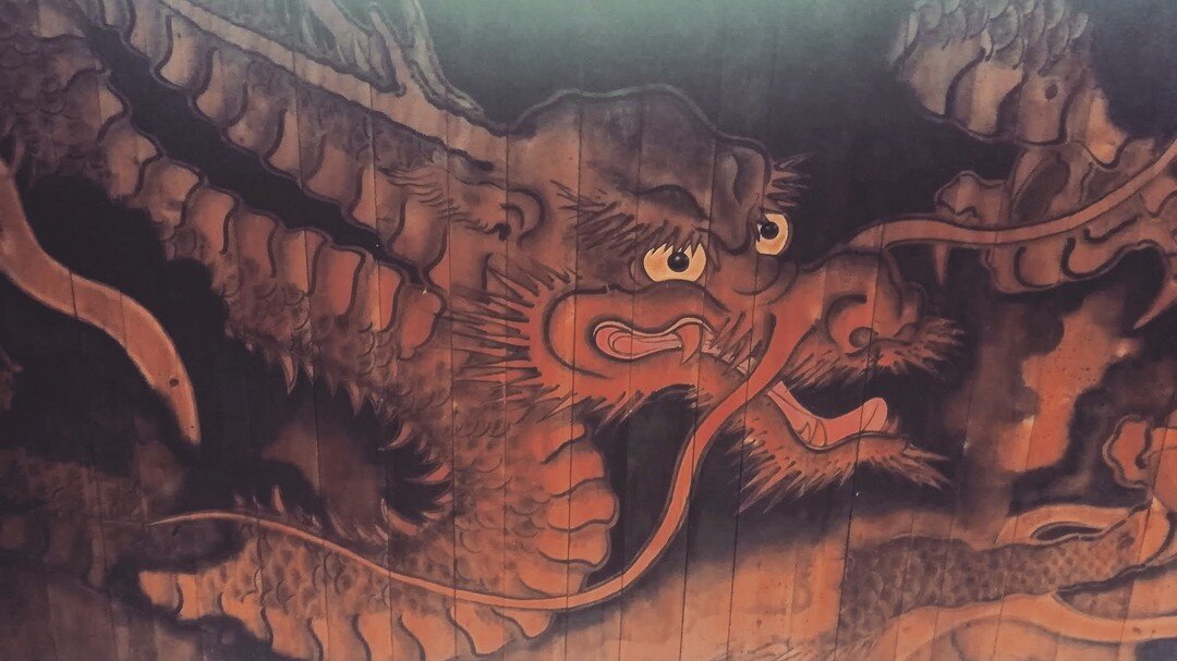 Part of the 20-meter dragon painted on the ceiling of Chozenji, a Zen temple in Narai on the Nakasendo. Created 130 years ago to watch over training monks, temple lore says it would release a unique &quot;roar&quot; when people clapped beneath that r