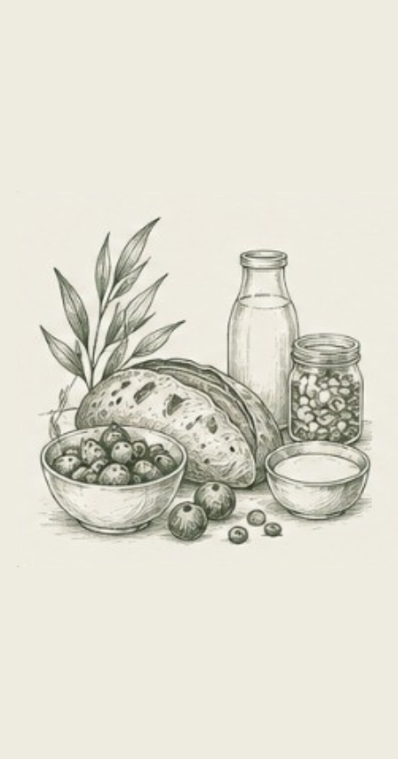 Sketch of a still life with a leafy branch, a bowl of berries, a loaf of bread, a bottle, a jar of beans, and a small bowl.