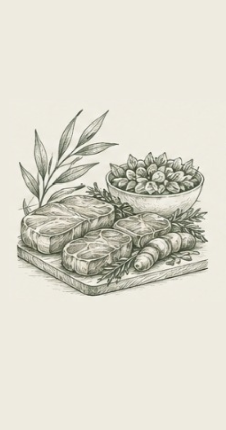 Black and white sketch of a cutting board with raw meat, a bowl of vegetables, and fresh herbs, with a sprig of leafy plant in the background.