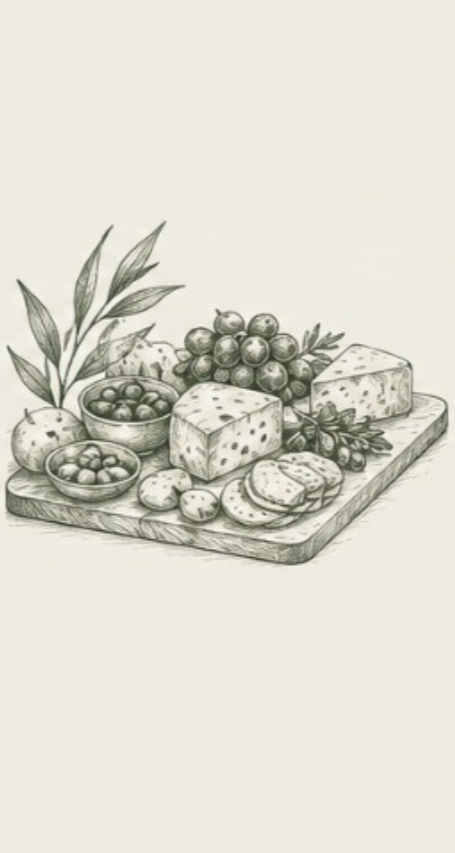Sketch of a cheese platter with cheese blocks, grapes, strawberries, and crackers on a wooden board.
