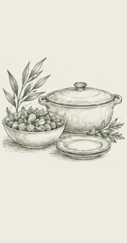 Black and white illustration of a pot with a lid, a bowl filled with fruit, some leaves, and a small plate.
