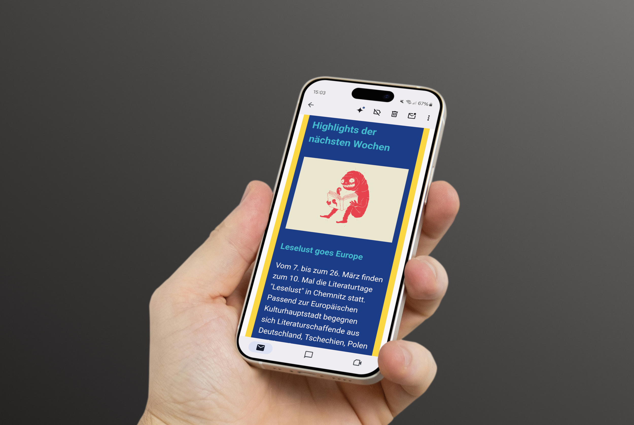 Smartphone-Ansicht des neu konzipierten Newsletters für die Kulturhauptstadt Europas Chemnitz 2025