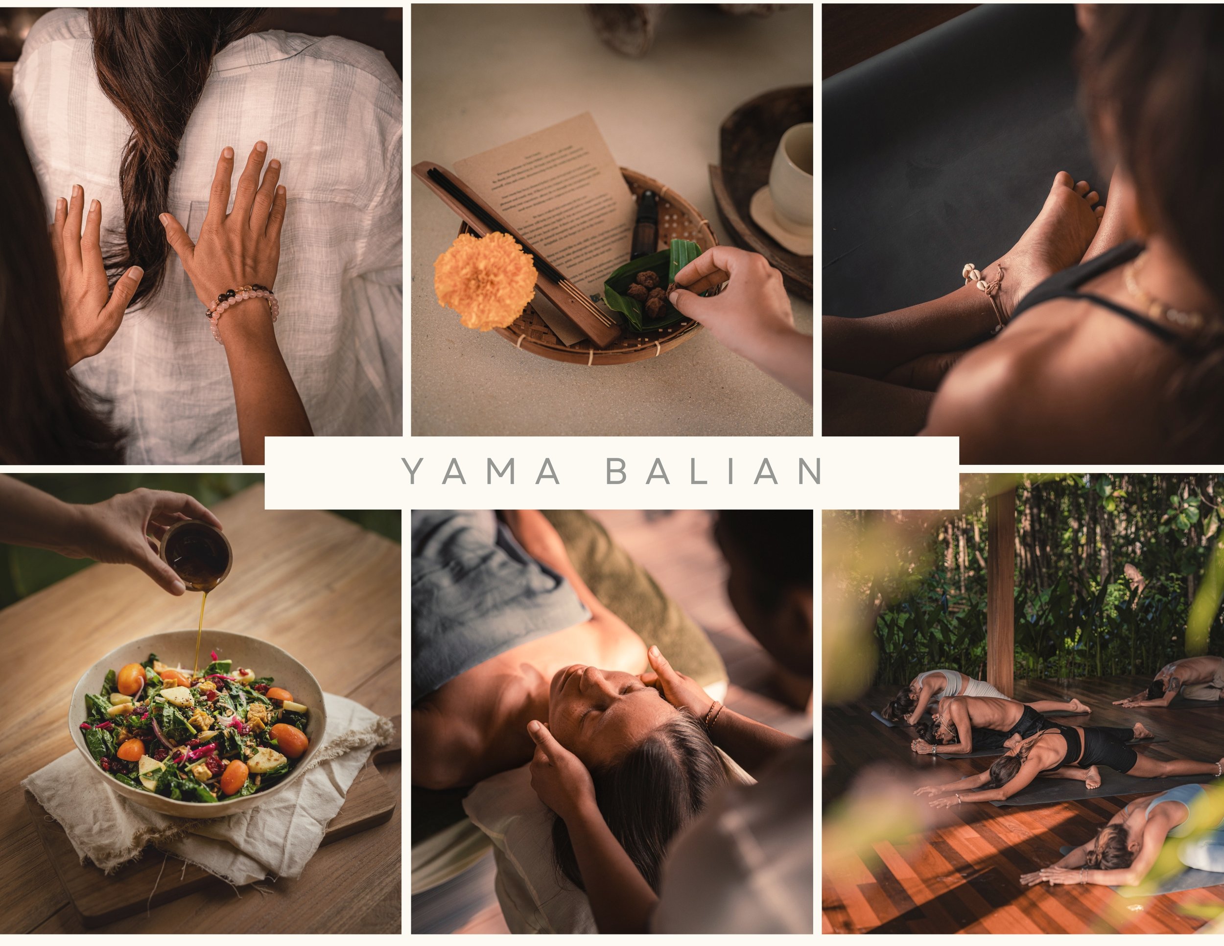Collage of wellness activities at Yama Balian, featuring massage therapy, a healthy salad being dressed, a person receiving a massage, and a yoga class in a natural setting.