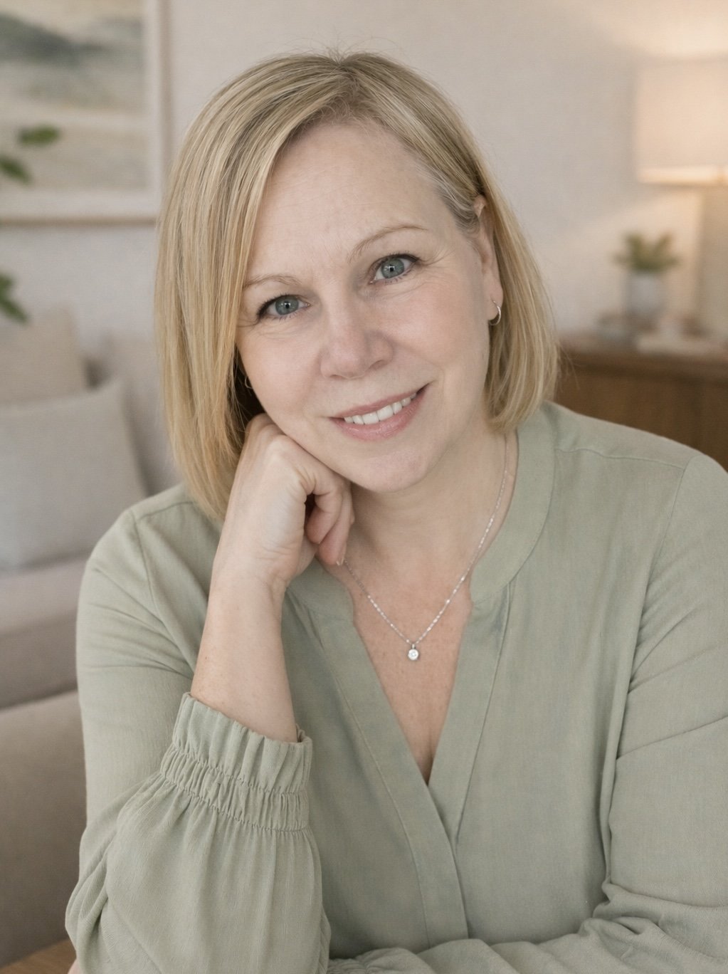 A smiling woman with blonde hair, wearing a light green top and a gold necklace, indoors with a green wall in the background.