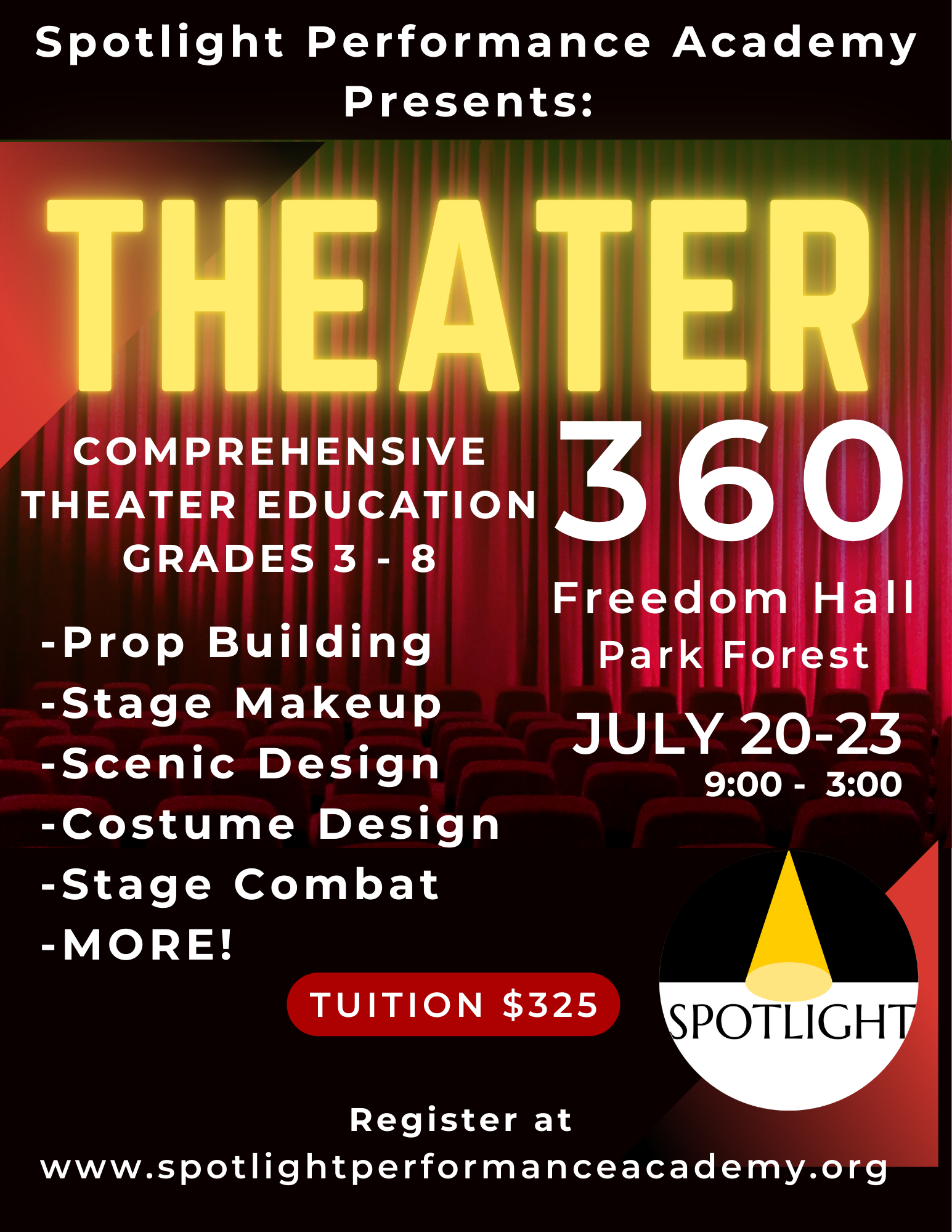 Flyer for Theater360 Summer Camp, focused on comprehensive Theater Education for children and running from July 20-23, 2026