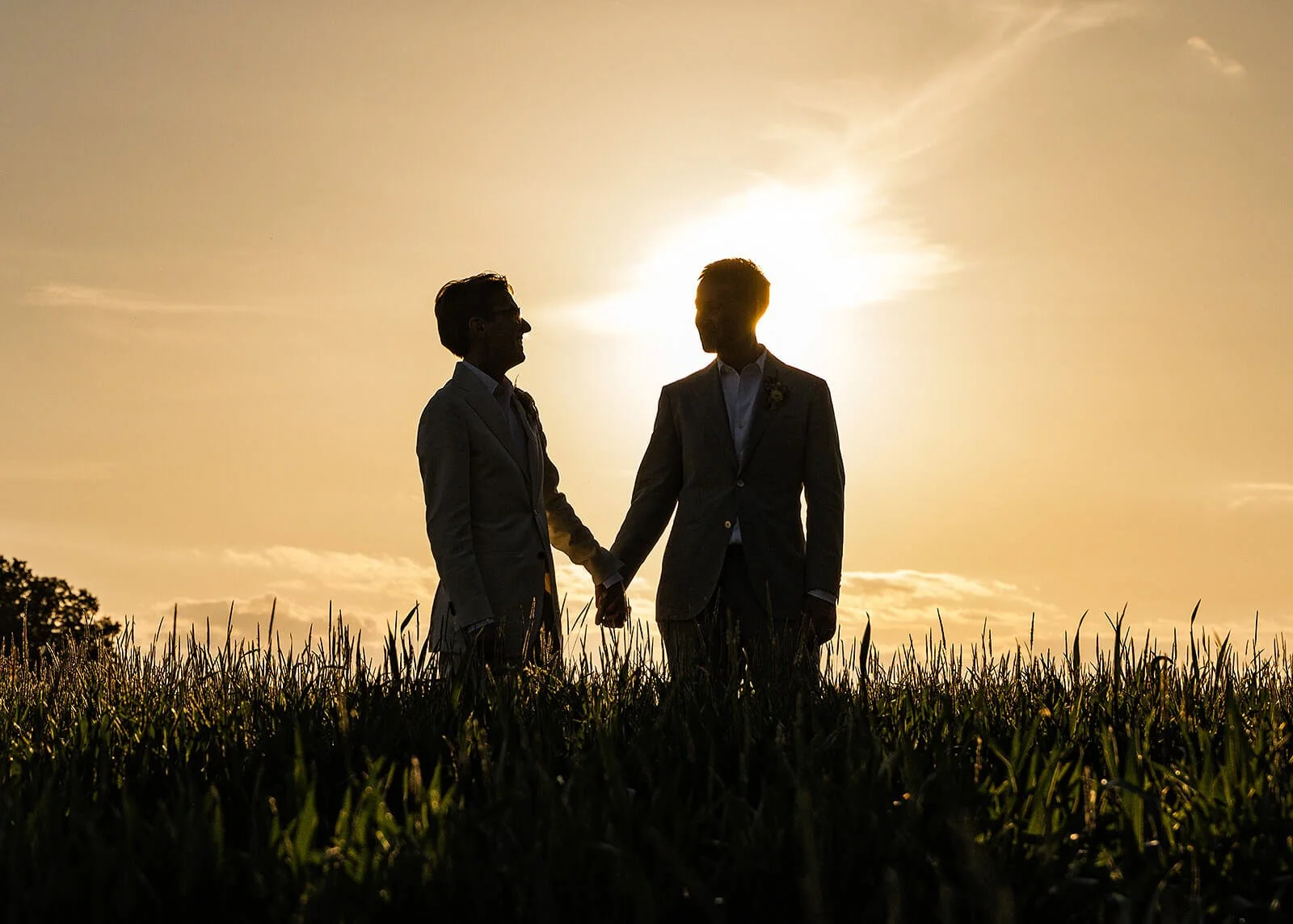 Silhouetted couple in formal attire holding hands in a grassy field during sunset.