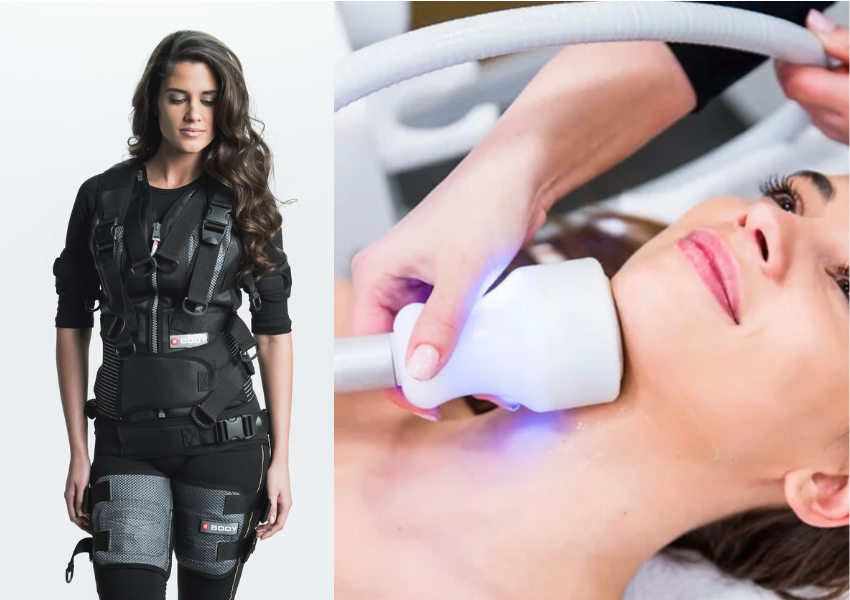 A woman receiving a non-invasive skin treatment with a handheld device, while another woman in fitness gear stands nearby.