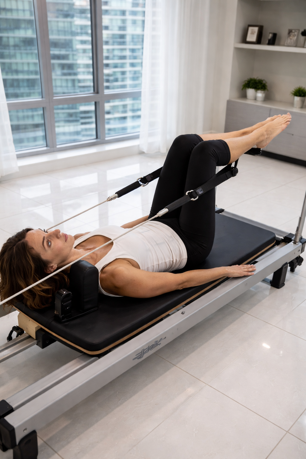 A woman using pilates machine in a modern studio near Brickell, Miami.