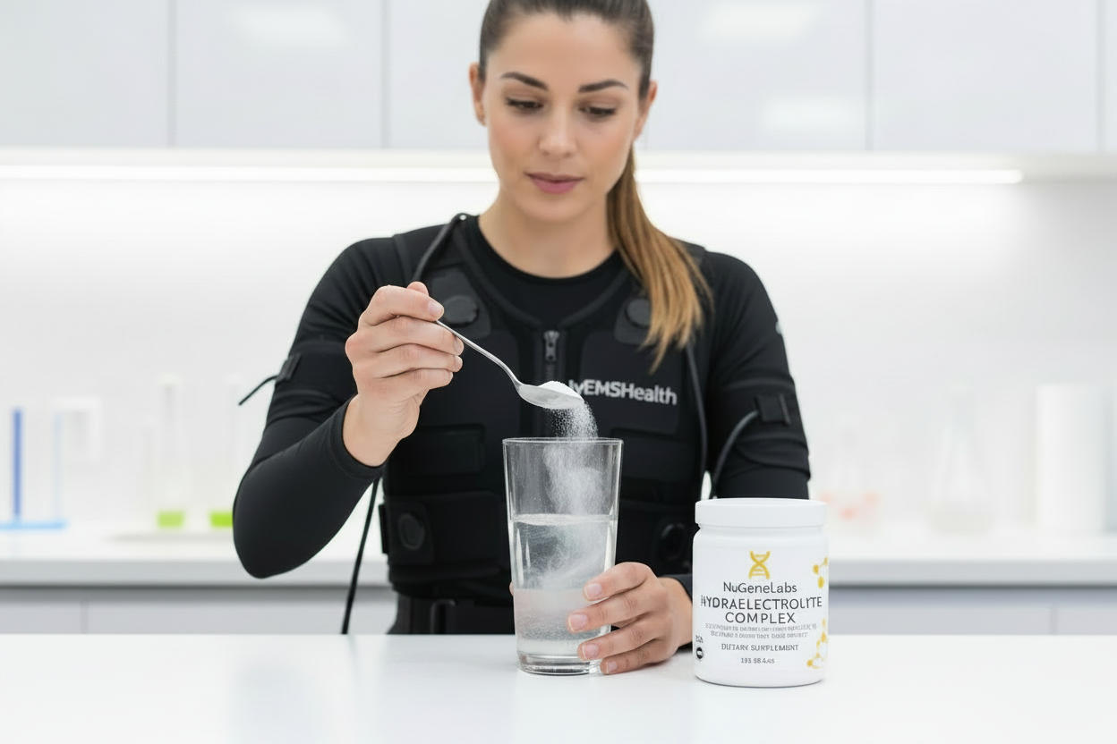 Woman mixing NuGeneLabs HydraElectrolyte Complex powder in a glass of water after EMS fitness workout at EMS Health Miami fitness and wellness studio