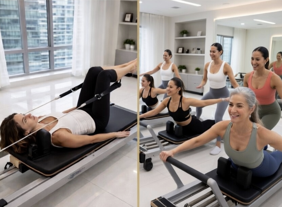 Woman doing private EMShealth Miami pilates vs. pilates group class