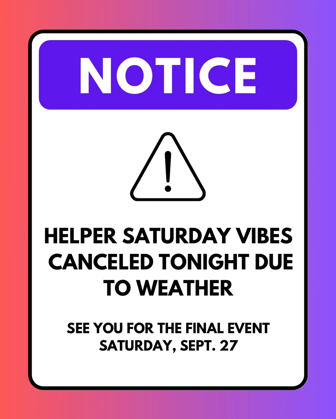Thank you to everyone who has come out and supported Helper Saturday Vibes this season! 

🫶🏼 While tonight&rsquo;s show is canceled due to weather, we can&rsquo;t wait to wrap up the summer with one last celebration on Saturday, September 27. Let&r