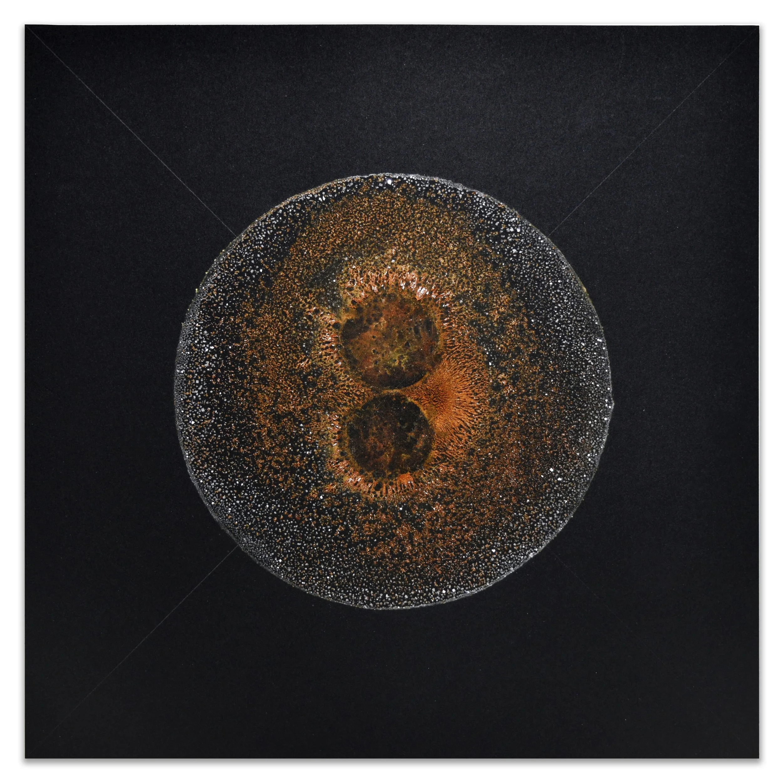 HUDF / Attractors V. 2022. Rusted iron filings, vinegar, hydrogen peroxide and salt on paper. 10x10 in. (private collection)