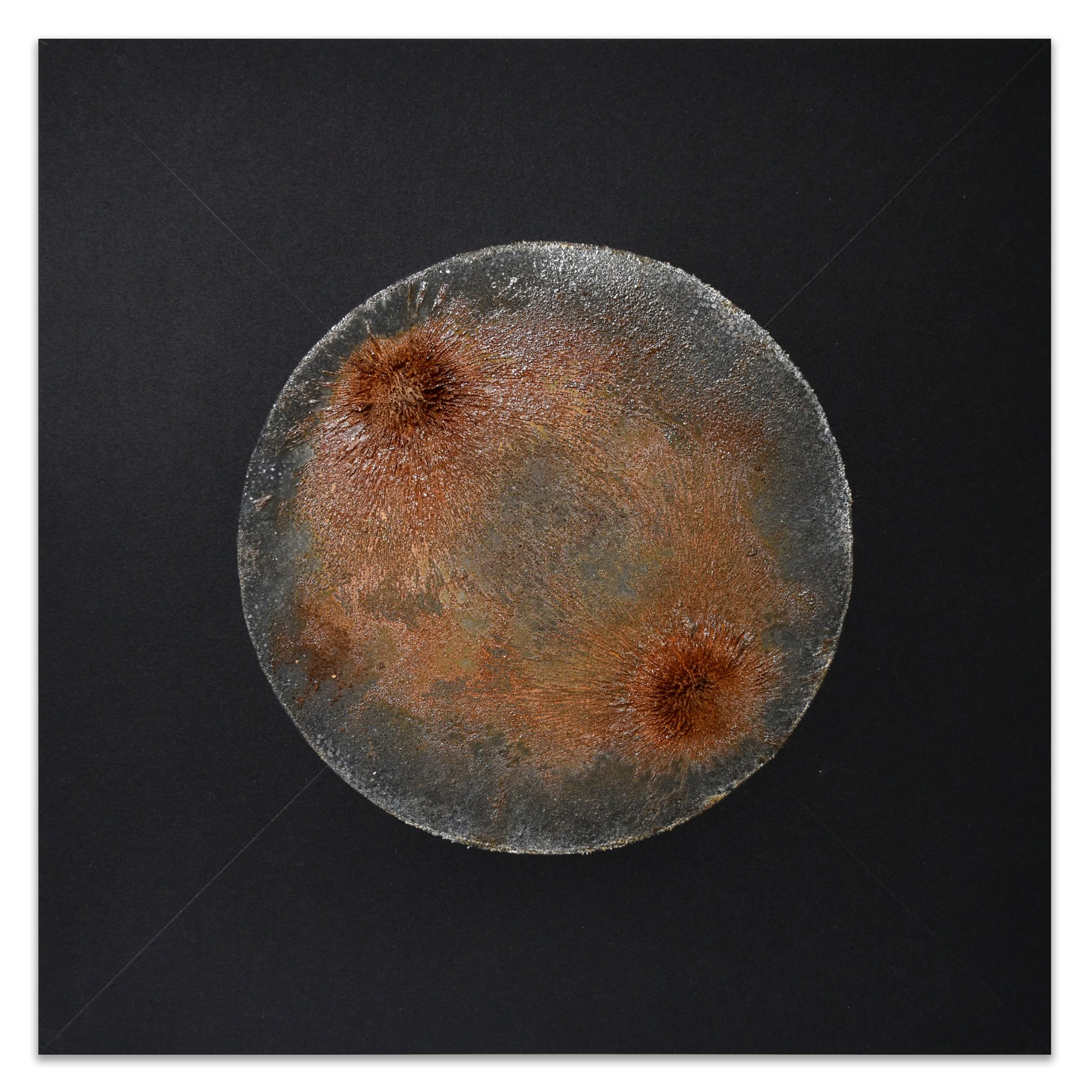 HUDF / Attractors II. 2022. Rusted iron filings, vinegar, hydrogen peroxide and salt on paper. 10x10 in. (private collection)