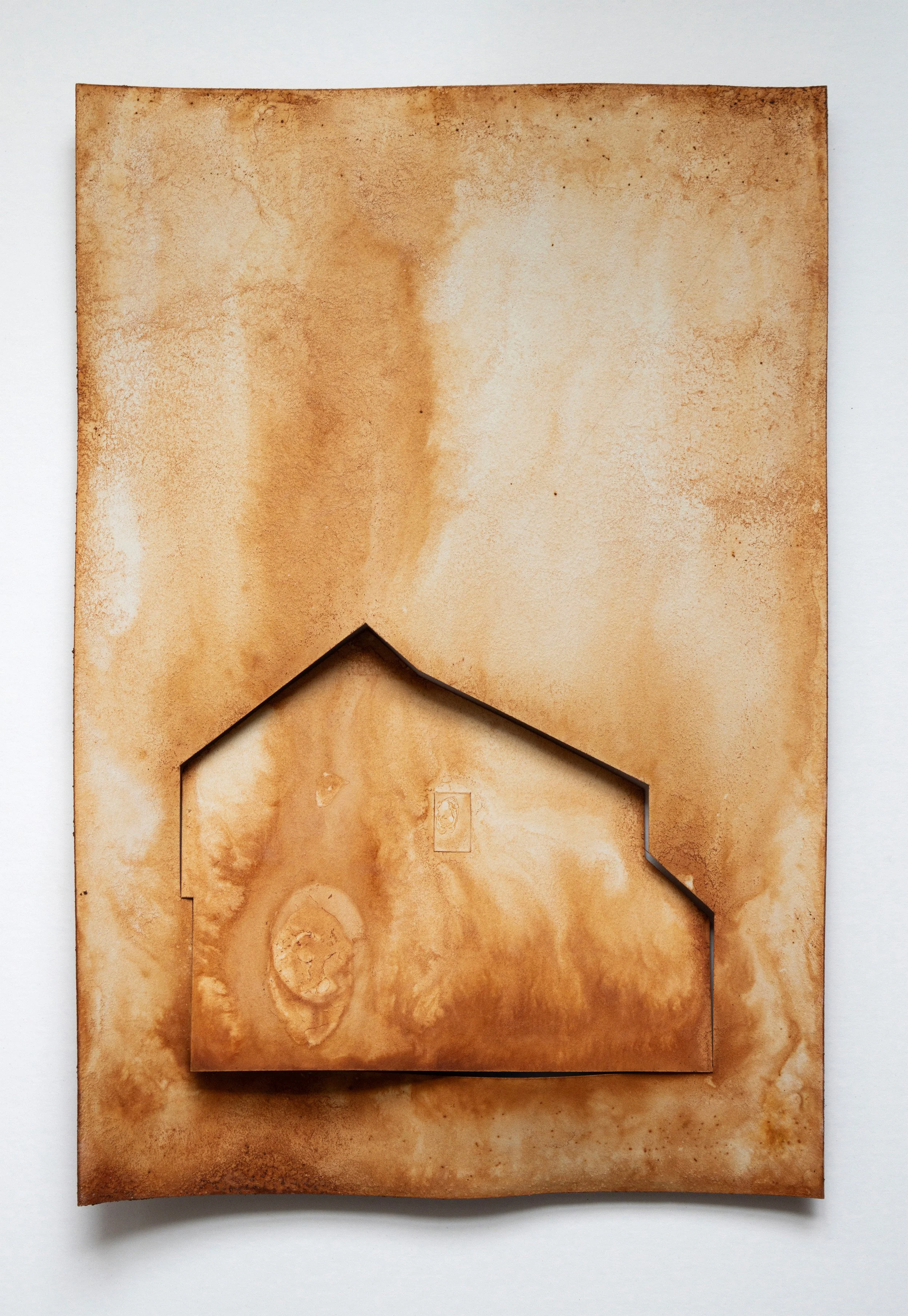 37 Verso (found). 2026. Paper, iron oxide (rust), salt. 9 x 13 in. NFS