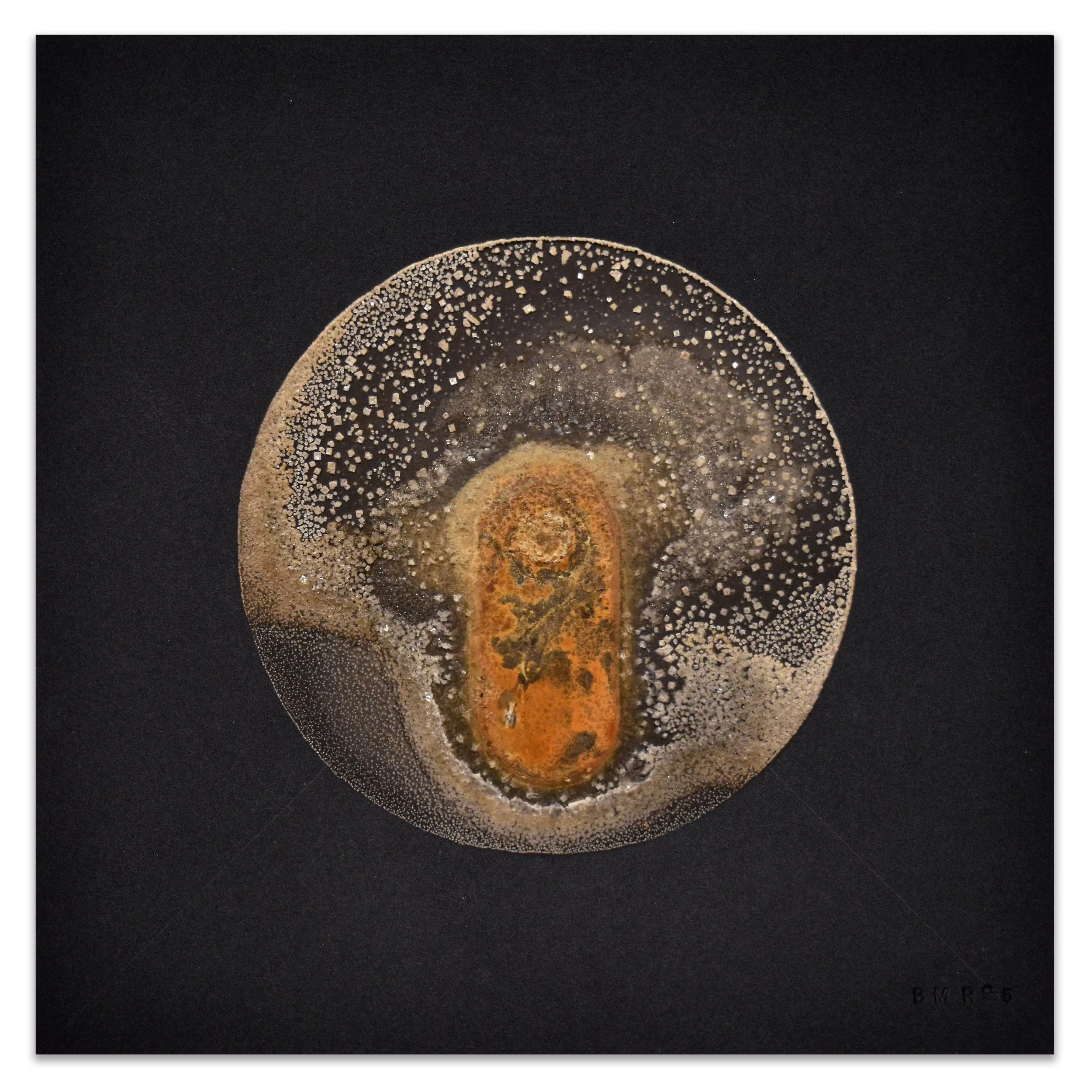 HUDF / Double-holed washer. 2023. Rust, vinegar and salt on paper. 10x10 in. (private collection)
