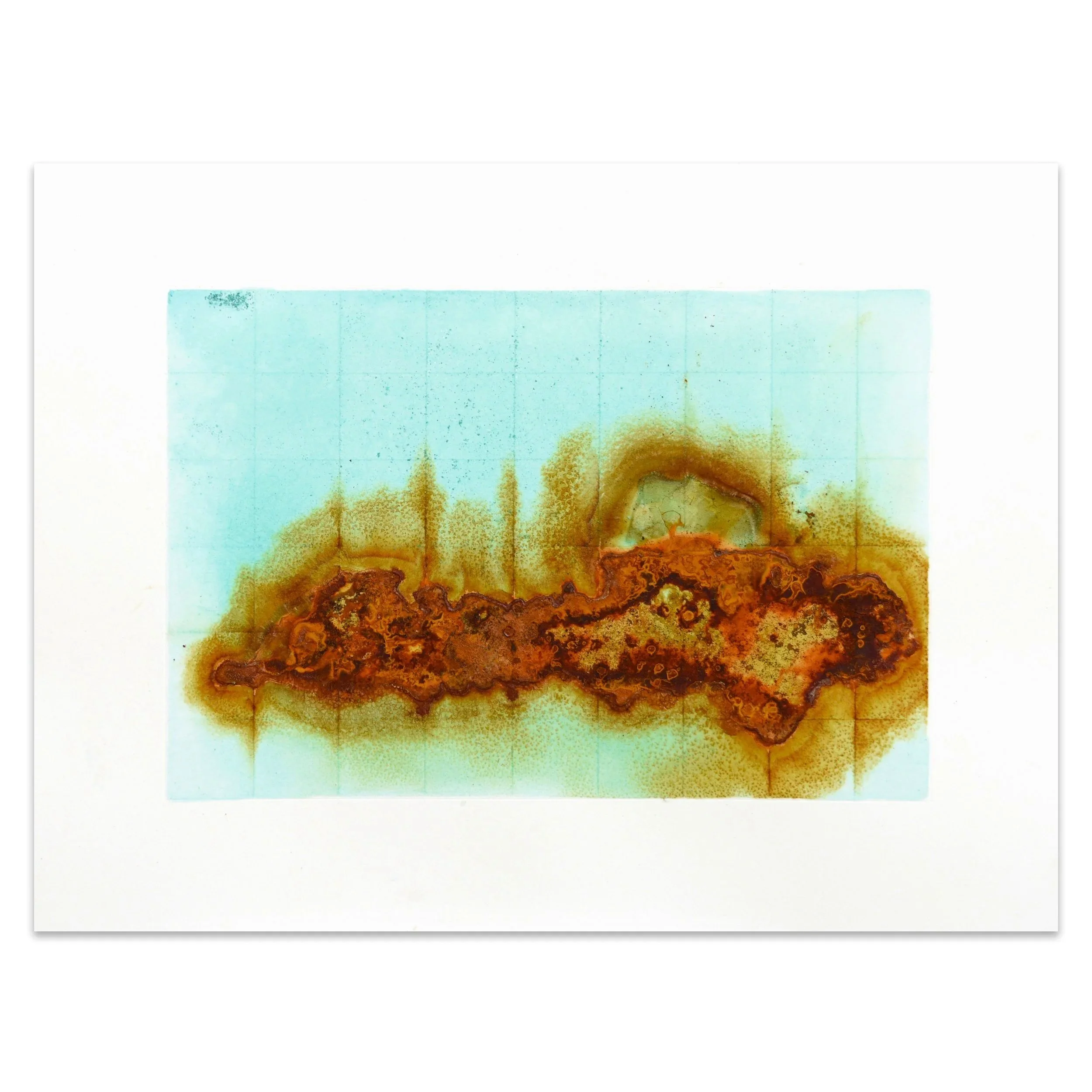 This Corrosion XXV. 2024. Rust, copper corrosion, vinegar, hydrogen peroxide and salt on paper. 12x9 in.