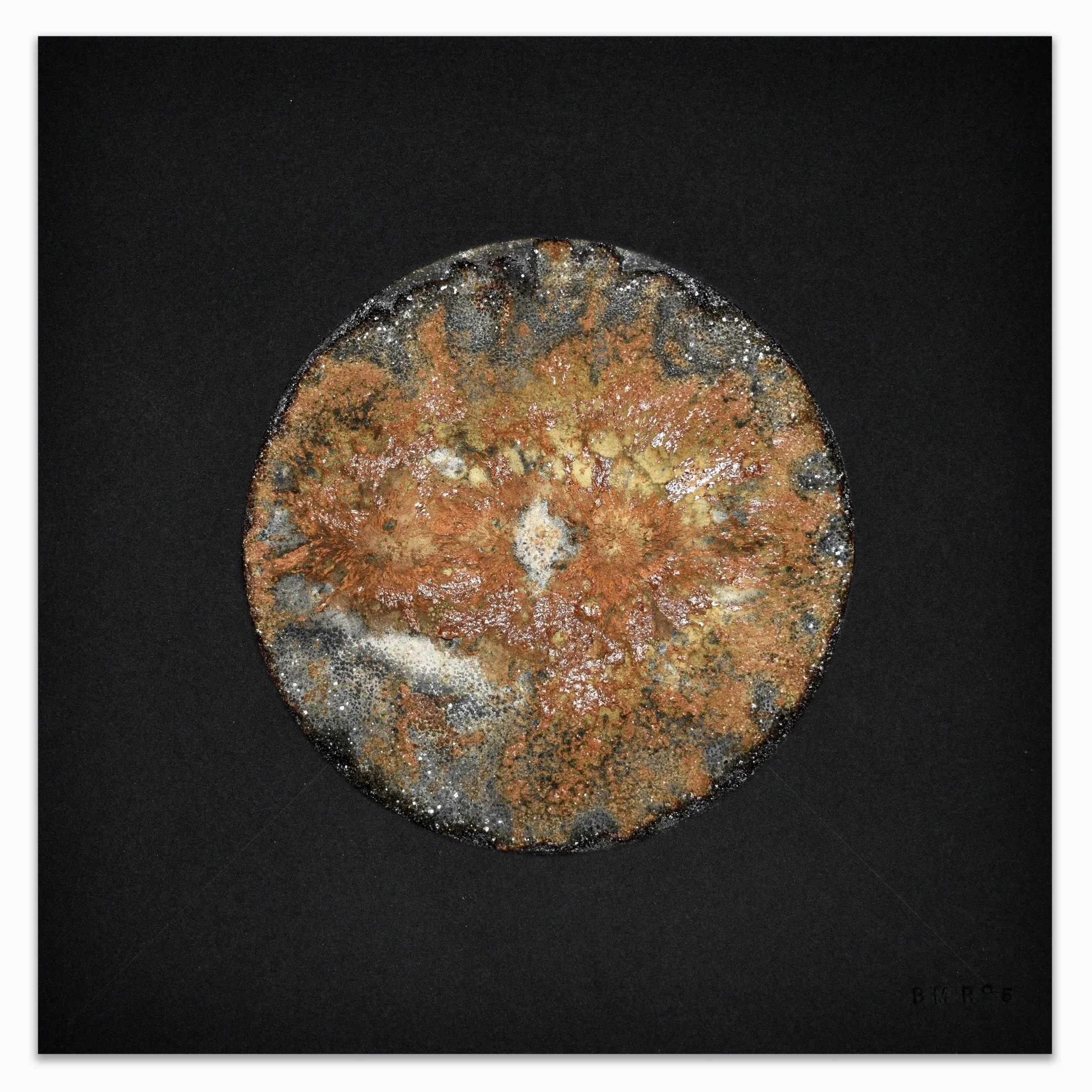 HUDF / Attractors VI. 2022. Rusted iron filings, vinegar, hydrogen peroxide and salt on paper. 10x10 in.