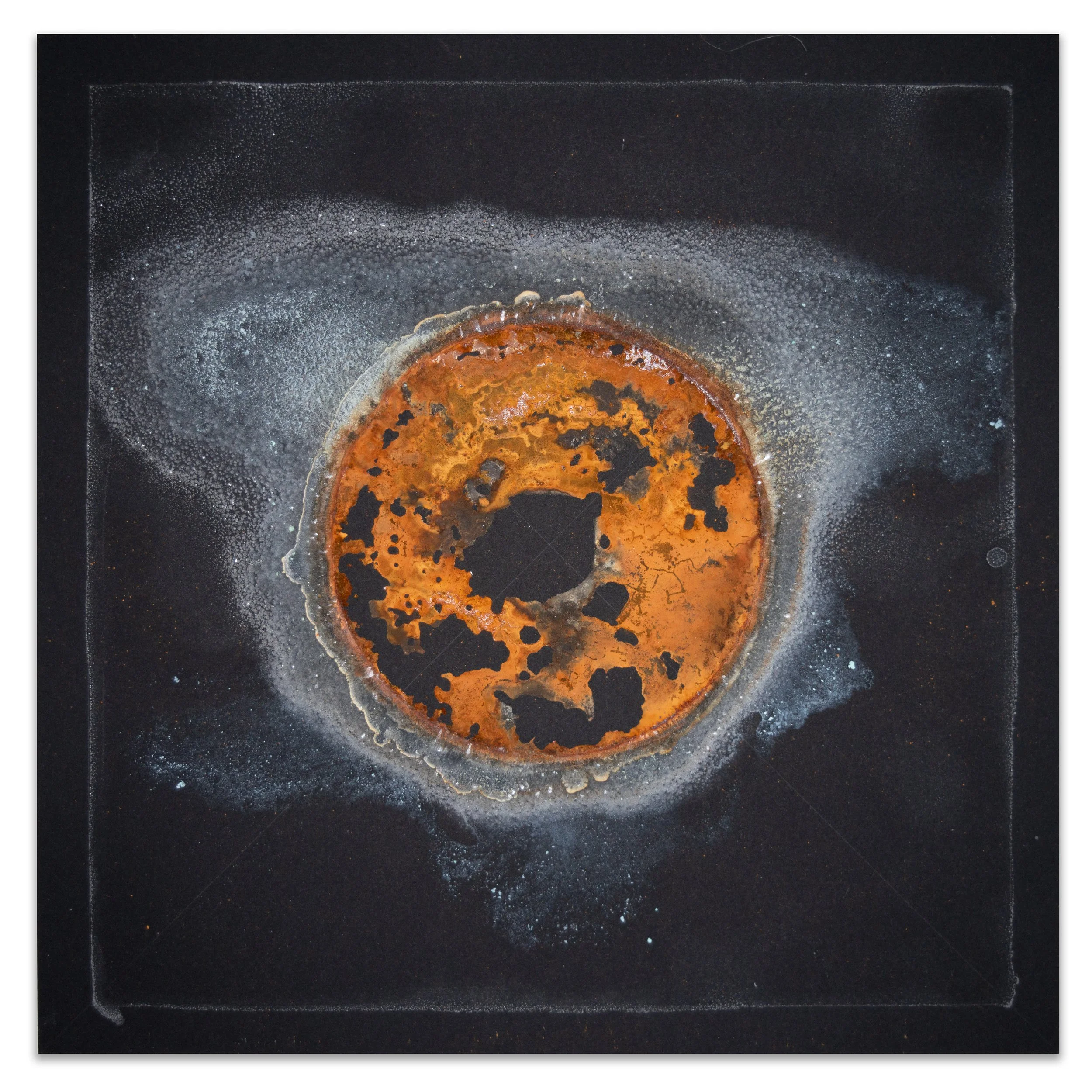 HUDF / Great Destroyer II. 2025. Rust, copper corrosion, vinegar, hydrogen peroxide and salt on paper. 10x10 in.
