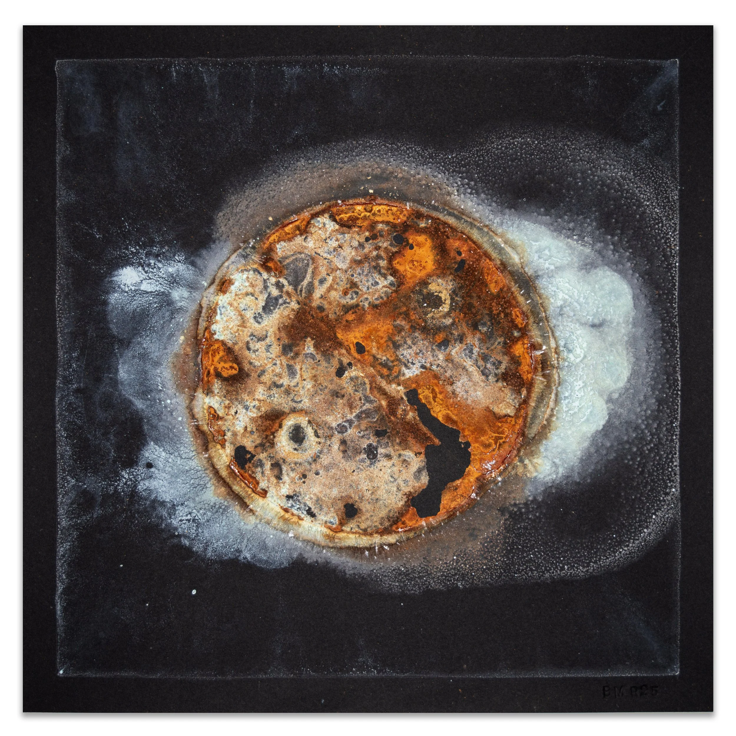 HUDF / Great Destroyer I. 2025. Rust, copper corrosion, vinegar, hydrogen peroxide and salt on paper. 10x10 in.