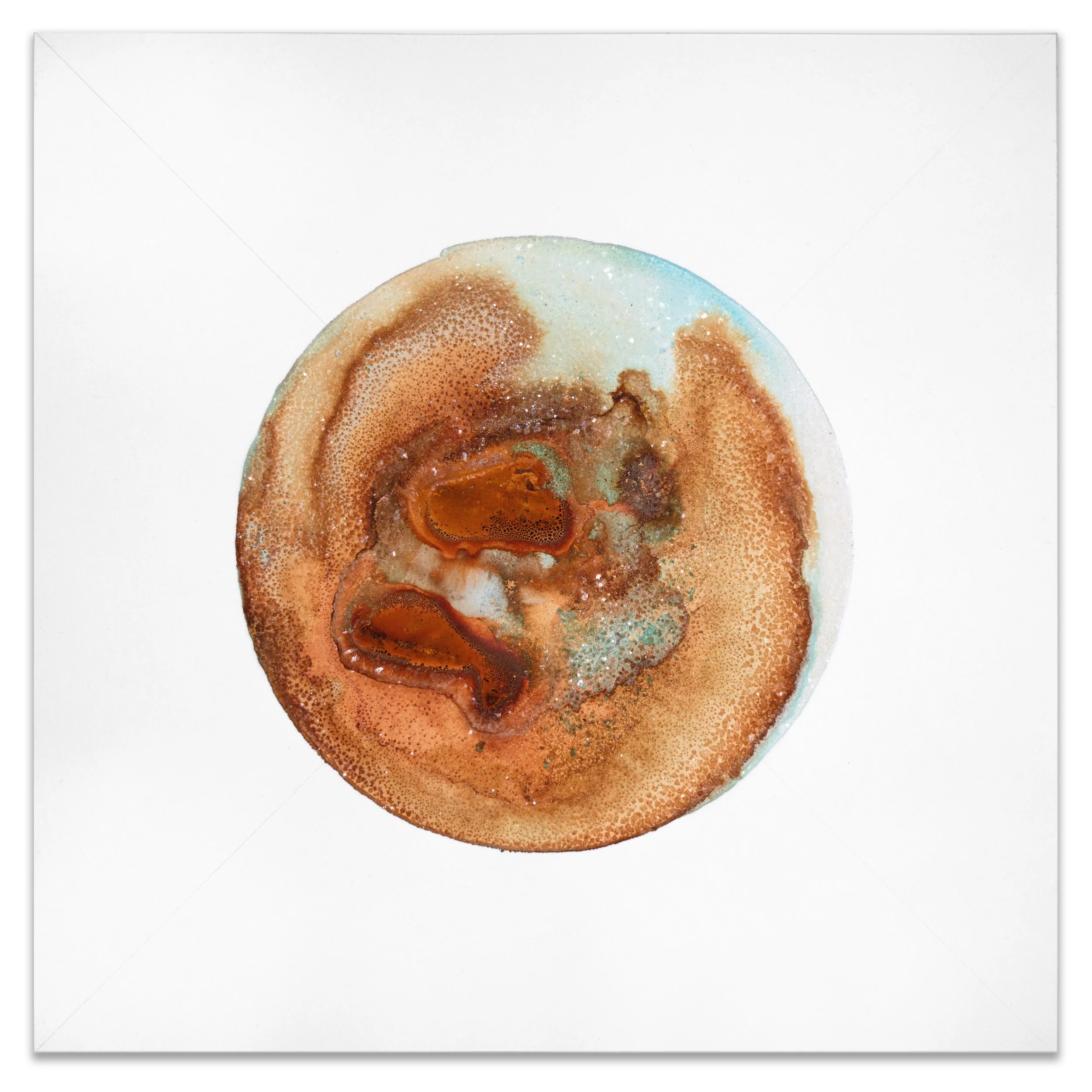 HUDF LF / Shards IV. 2025. Rust, copper corrosion, vinegar, hydrogen peroxide and salt on paper. 10x10 in.