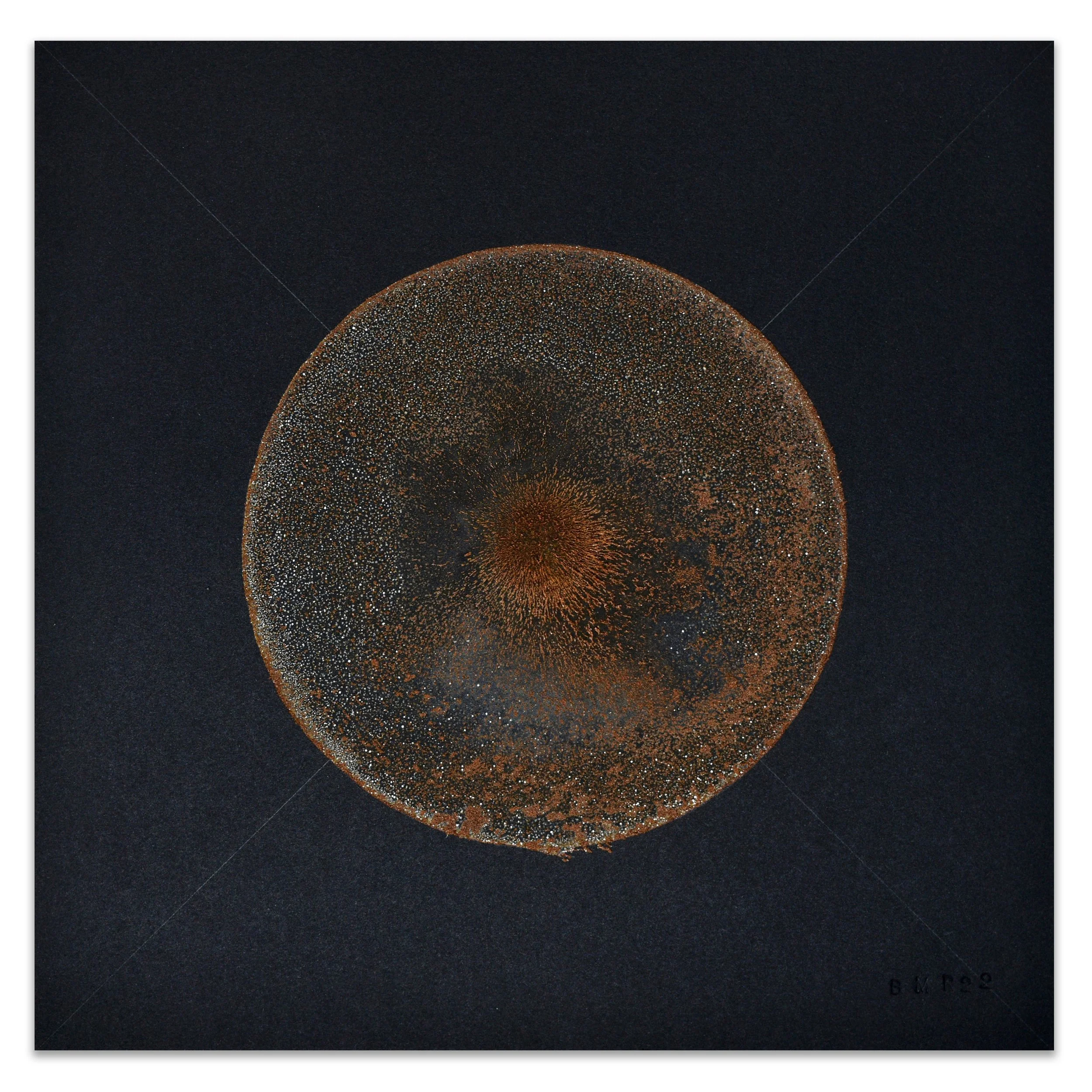 HUDF / Attractors VII. 2022. Rusted iron filings, vinegar, hydrogen peroxide and salt on paper. 10x10 in.