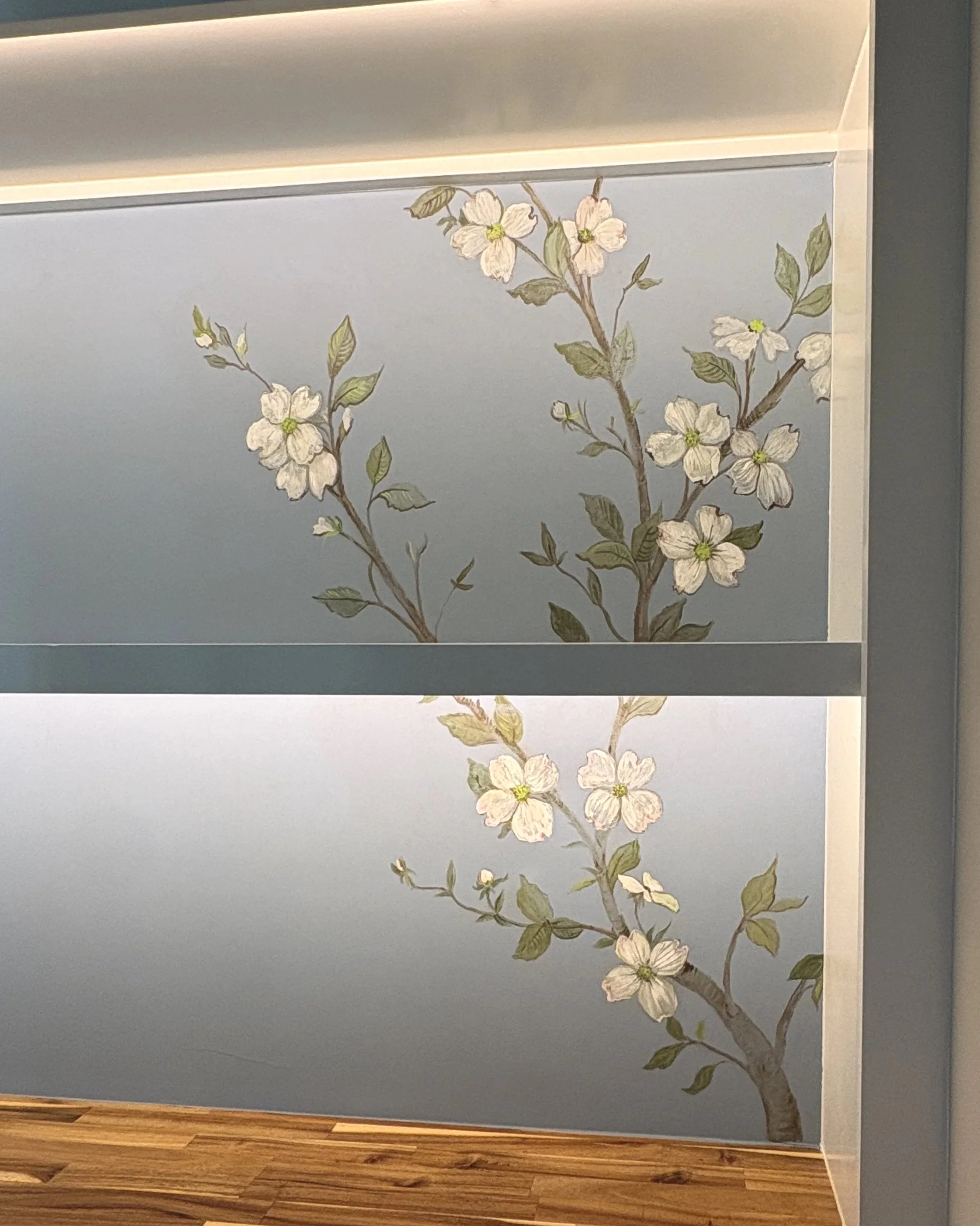 Detail of hand painted Dogwood flowers