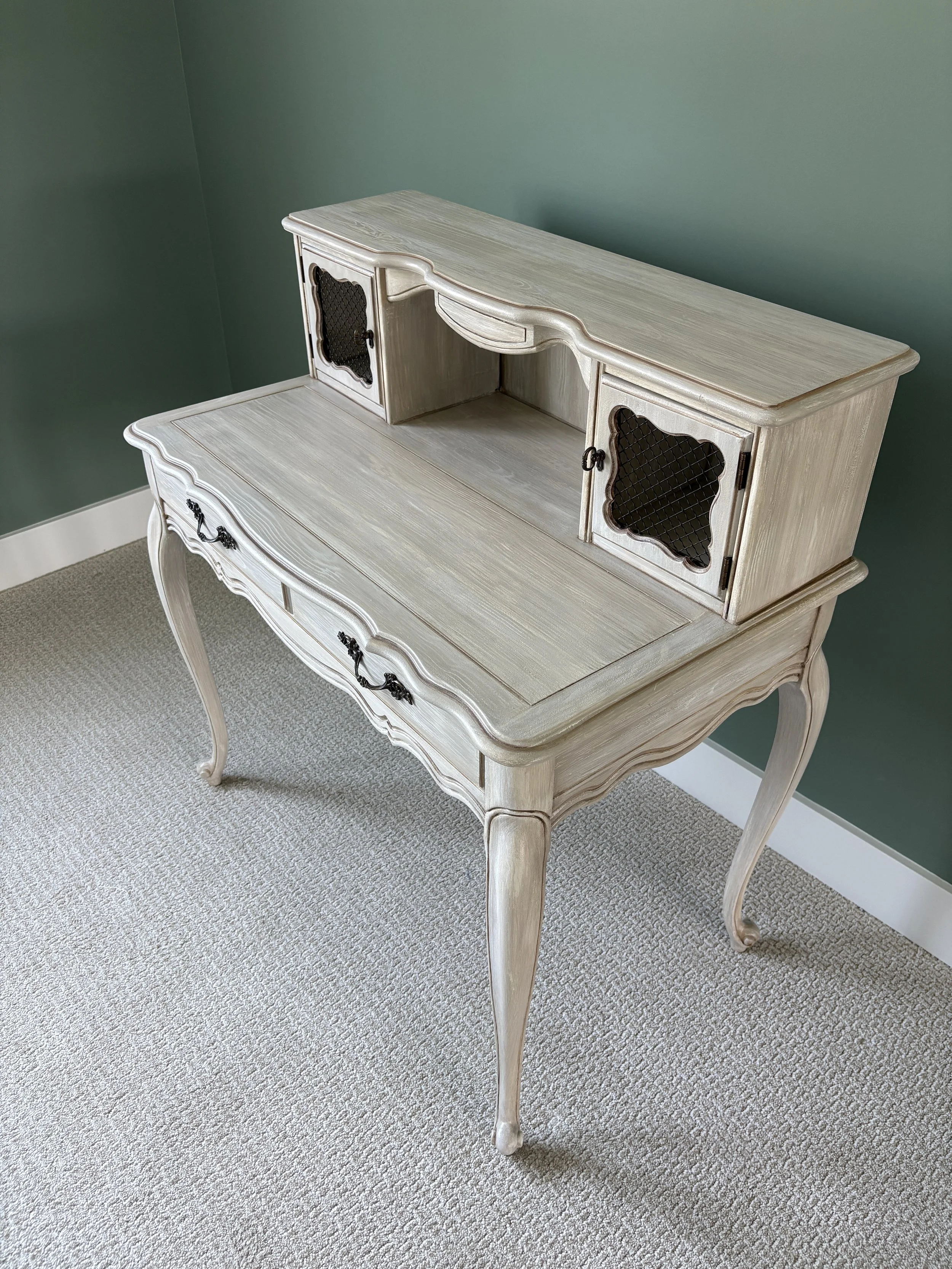 Gorgeous french desk transformed from dated dark wood to a more delicate feel in tones of beiges & creams 