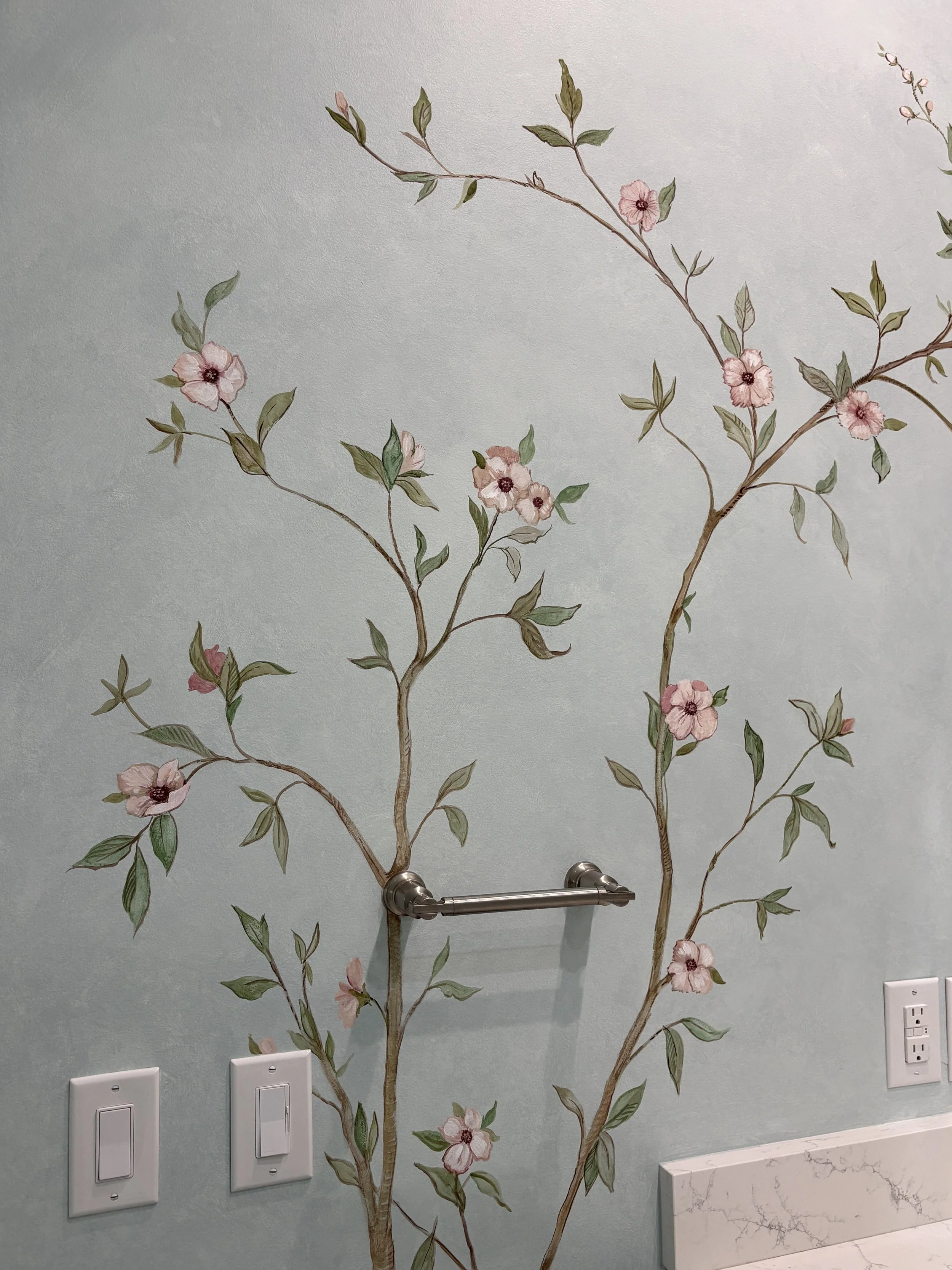 Detail of Chinoiserie hand painting over subtle glaze effect