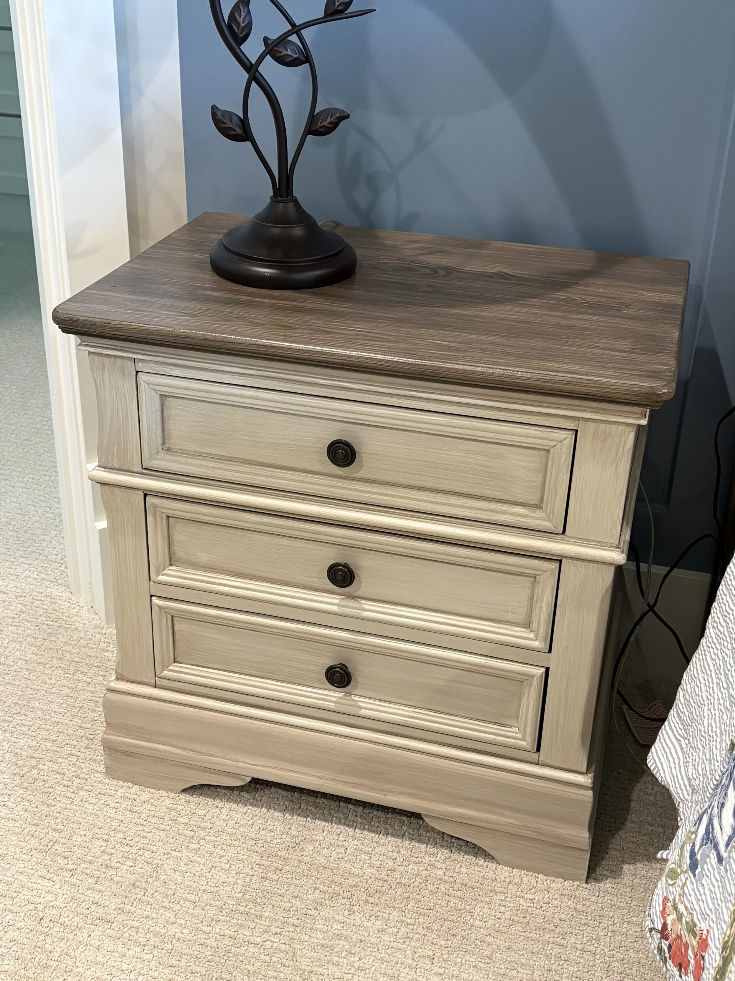Dark wood piece transformed with dry brush technique on bottom & faux grain top best reflecting my client's new coastal decor