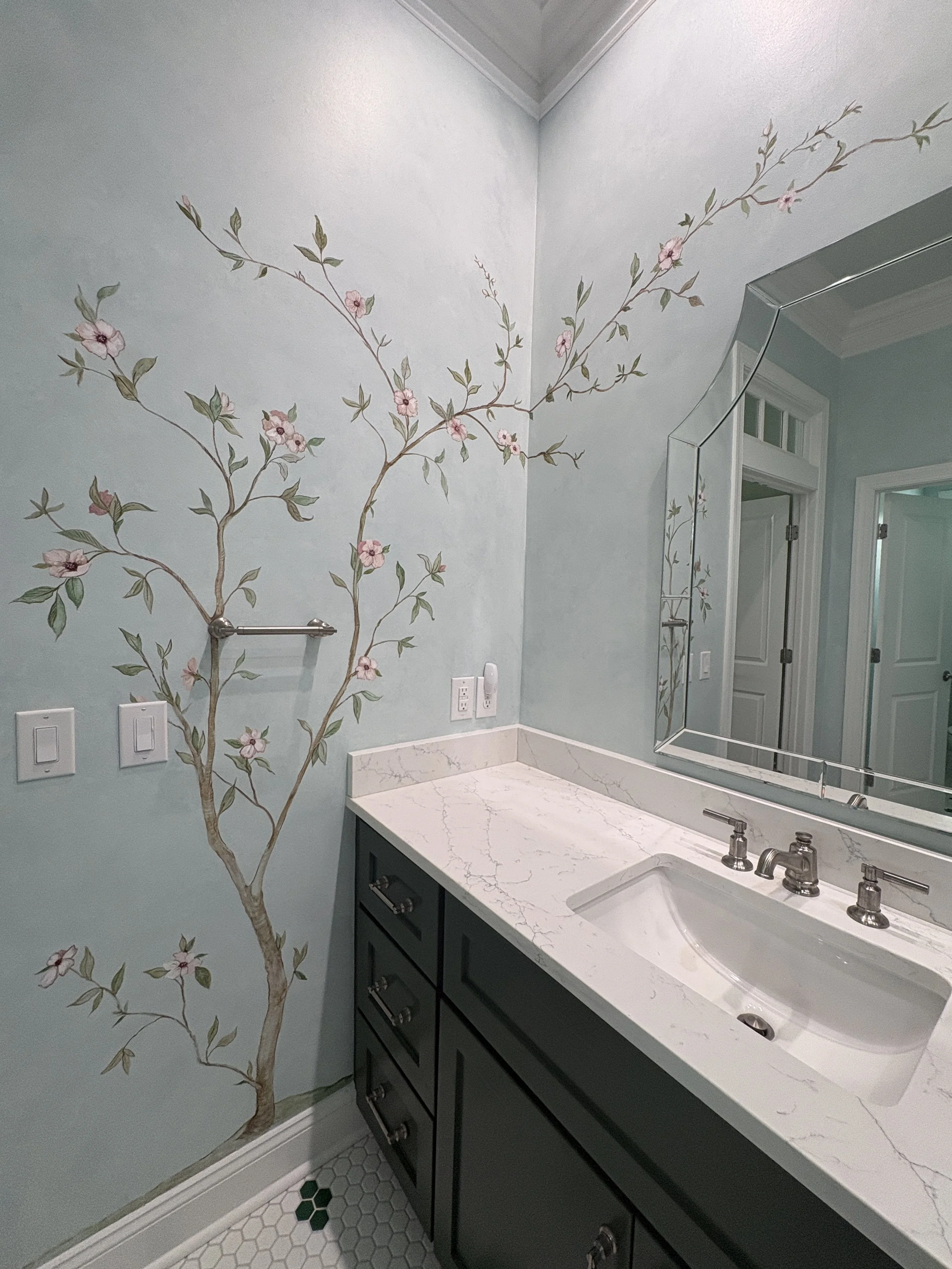 Chinoiserie feel hand painting over subtle glaze effect in Master Bathroom 