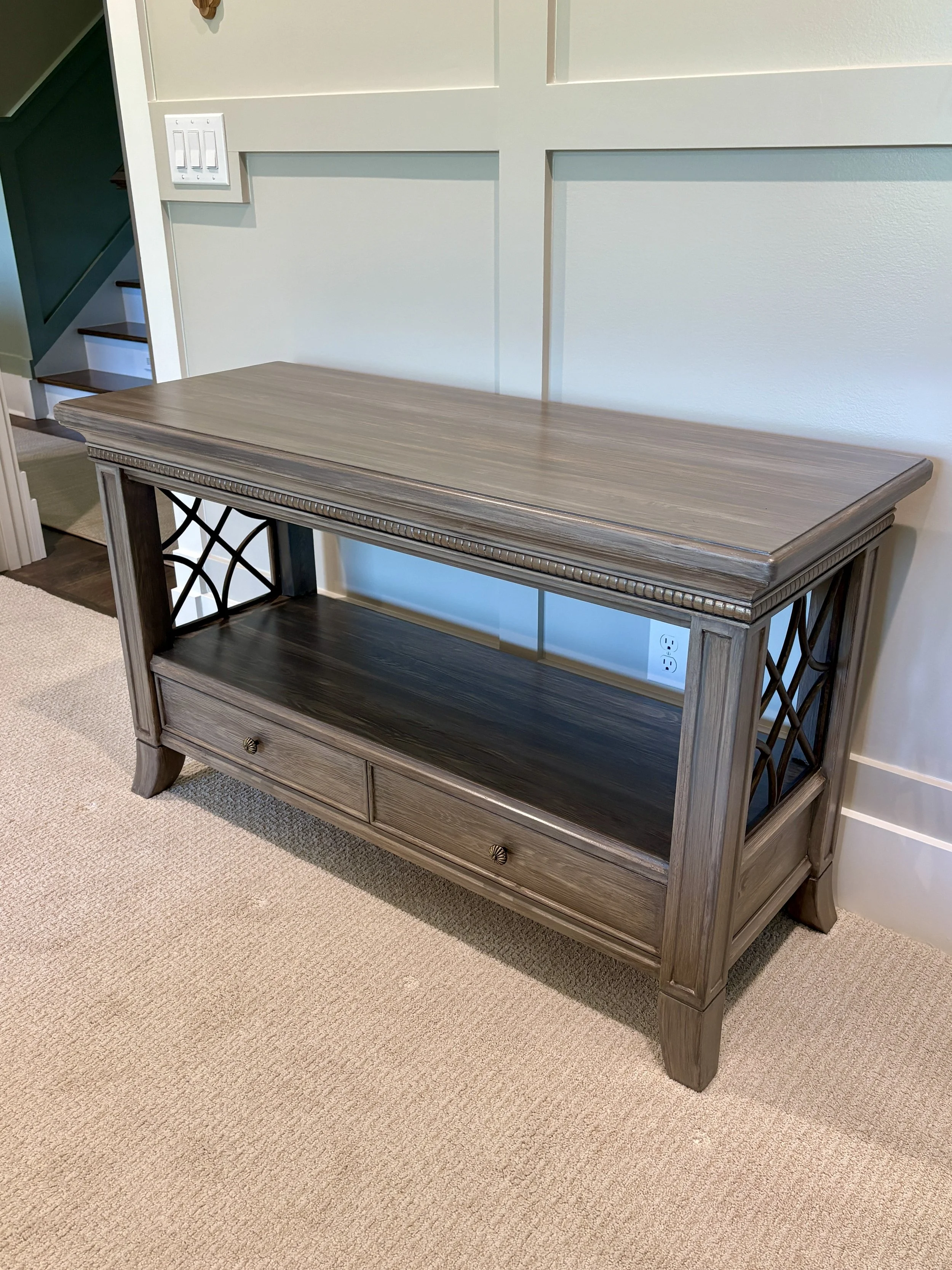 This is a perfect example of loving an existing piece in your home, but the wood tones don't reflect your new decor. Originally a cherry wood, this furniture looks brand new with a more contemporary feel.