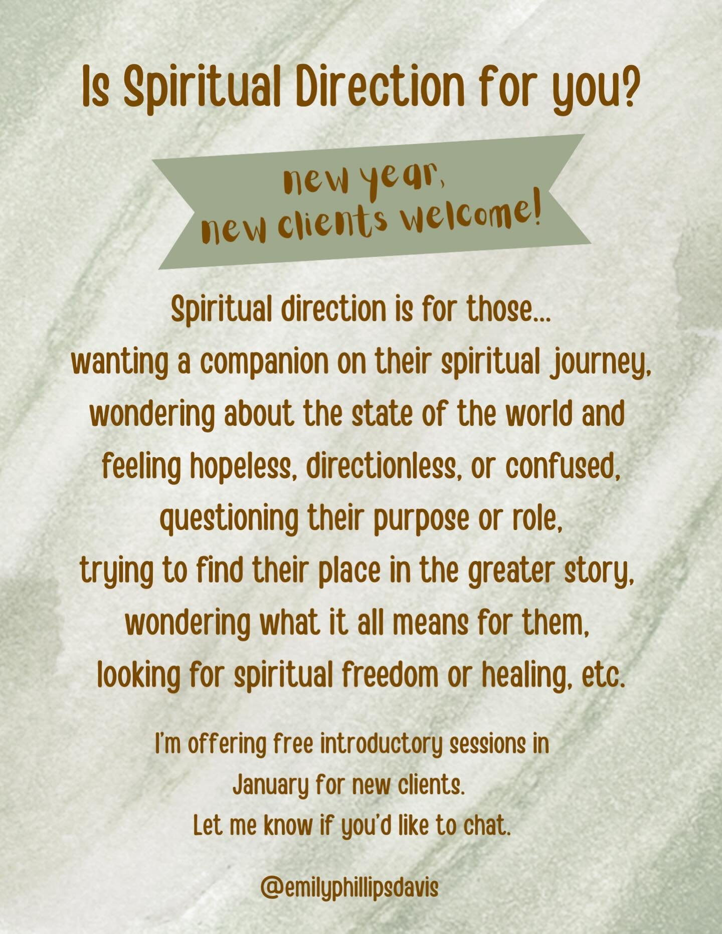 I&rsquo;m offering free introductory sessions during the month of January to help you discern if spiritual direction is right for you. 

If you&rsquo;re wanting a companion on your spiritual journey, 
wondering about the state of the world and feelin