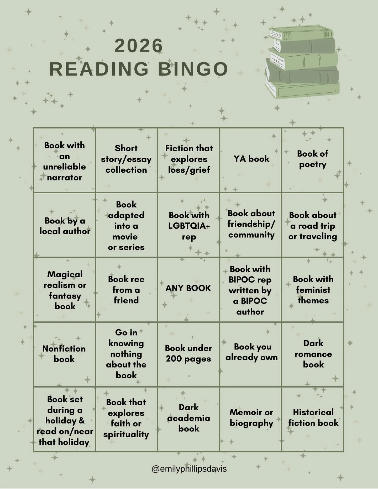 Reading Bingo 2026!! I&rsquo;m hosting this reading bingo challenge just for fun! The goal is reading more! Emily&rsquo;s 2026 reading bingo challenge is also live on StoryGraph! Happy reading 📖💚