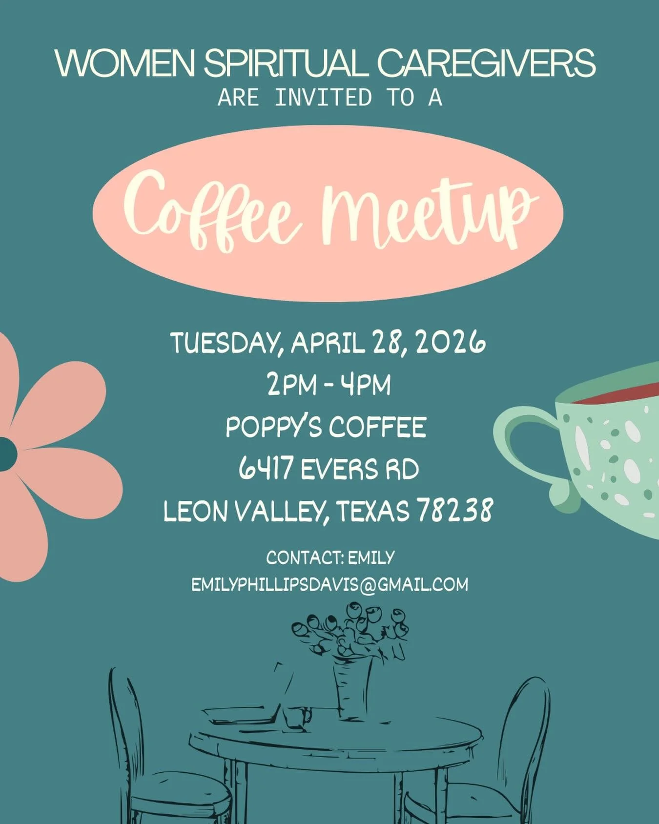I&rsquo;m hosting another meet up of women spiritual caregivers (women clergy, chaplains, and spiritual directors)! We&rsquo;ll meet for coffee and conversation on April 28 at 2pm at Poppy&rsquo;s Coffee. There is no programming or agenda, simply a t