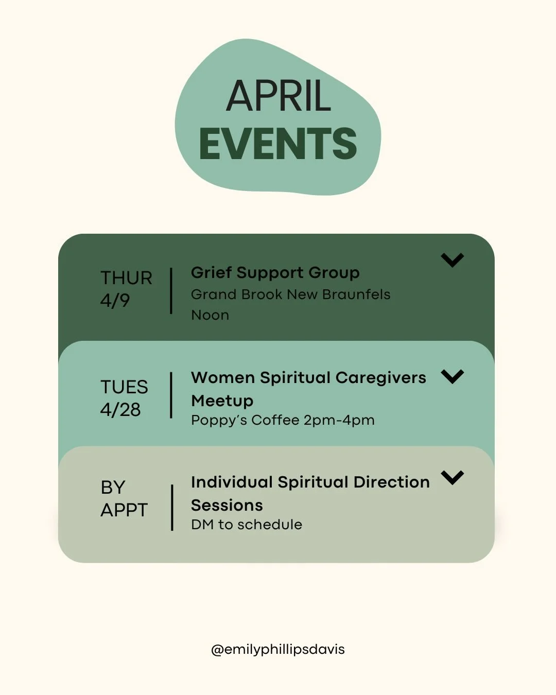 April events are loading! Come find your people and connect with others in the community at grief support group and the womens spiritual caregivers meetup!